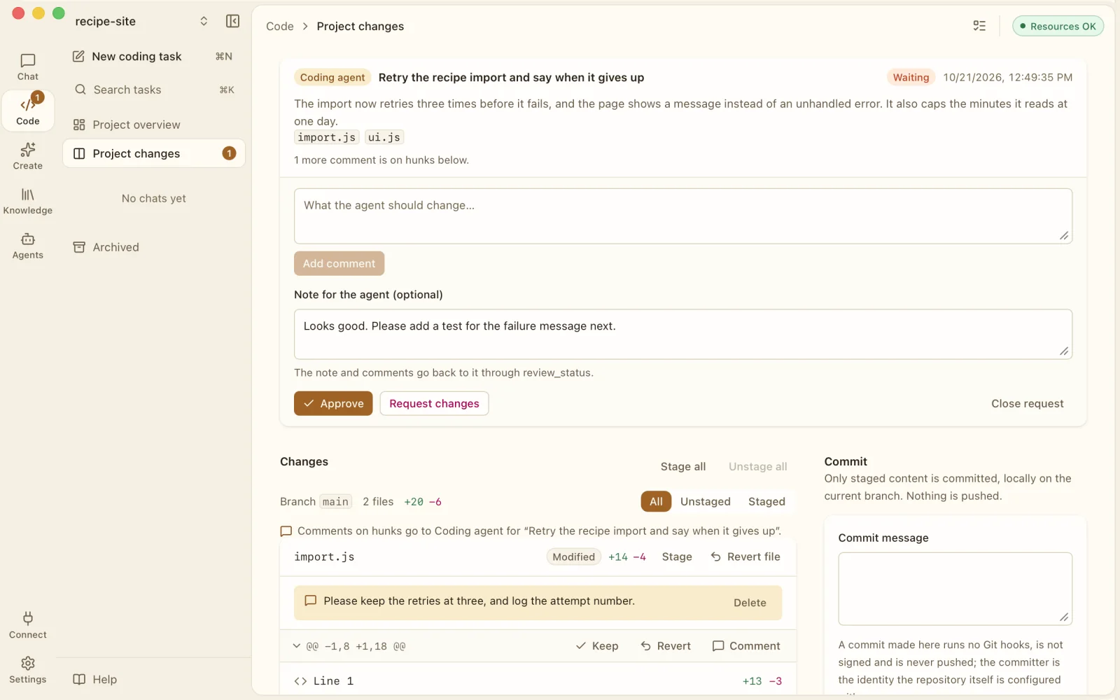 Project changes: a review request with a note, Approve and Request changes, hunk comments and Keep or Revert on each change