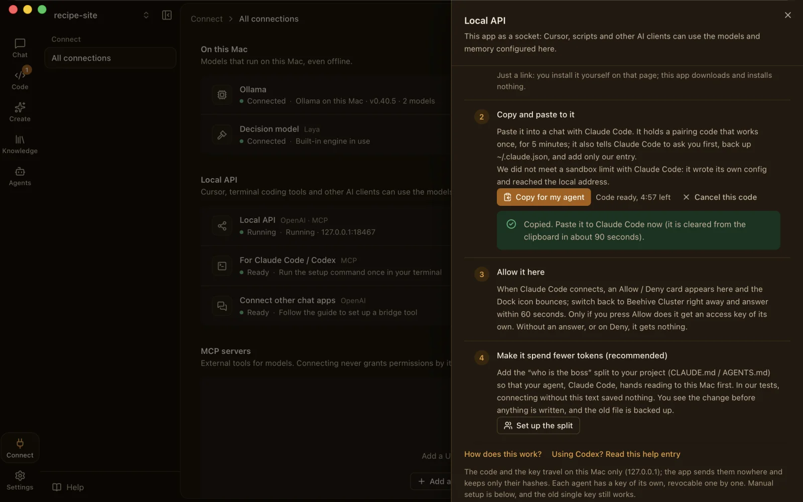 The connect card: Copy for my agent, a code valid for five minutes, and a note that the clipboard is cleared