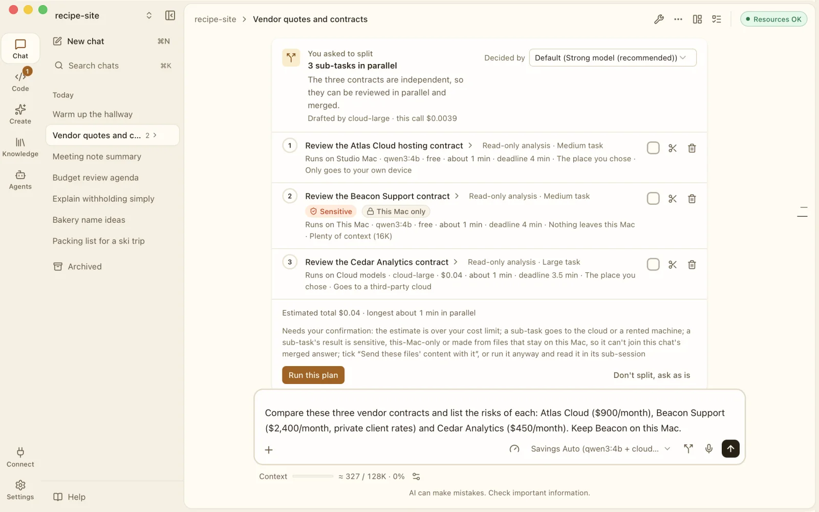 A plan that splits three contracts into sub-tasks, one on a paired Mac, one sensitive on this Mac only and one in the cloud