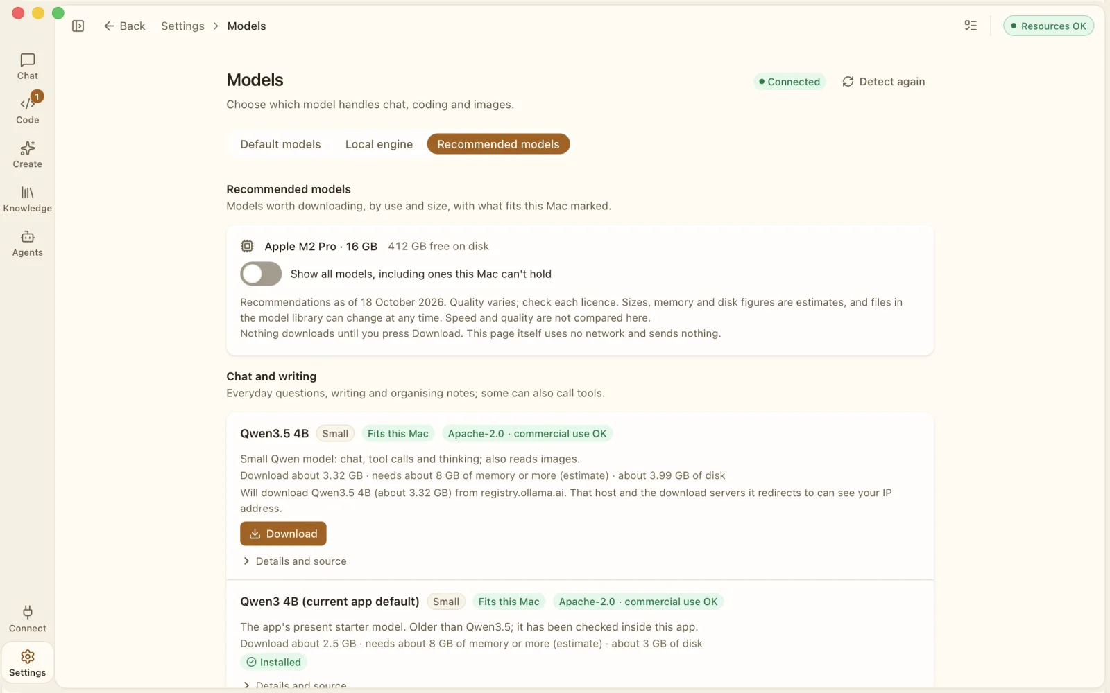Recommended models page with chip, memory and disk details, fit labels and licence labels