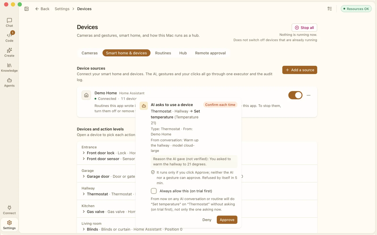 AI asks to use a device: set the thermostat to 21, with Deny and Approve