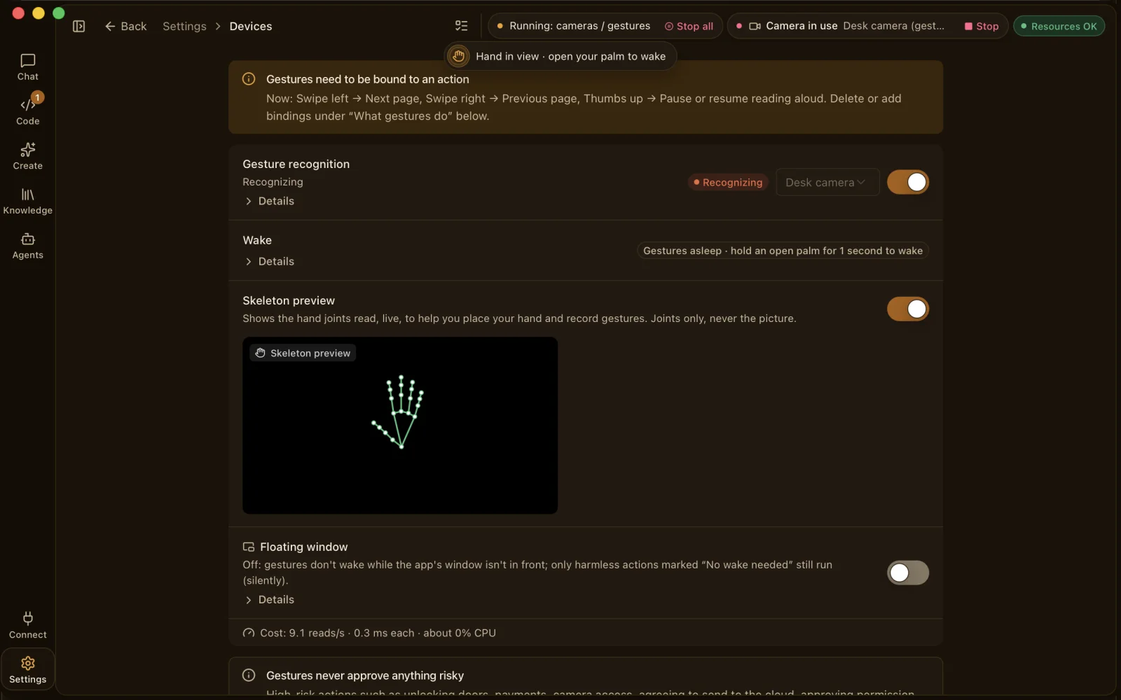Camera in use with a Stop button, gesture recognition on and a skeleton preview of hand joints